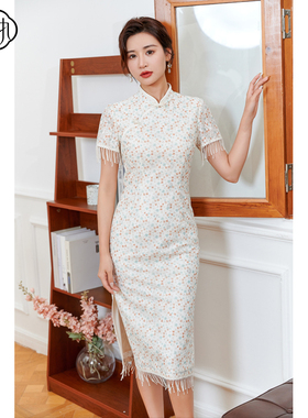 固执夏季新款中国风蕾丝碎花流苏短袖修身旗袍裙80132QP08039
