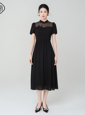 固执夏季新款新中式立领拼接泡泡短袖中长连衣裙00042LQ09218