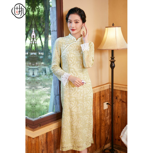 中国风改良中长款旗袍  蕾丝长袖修身连衣裙