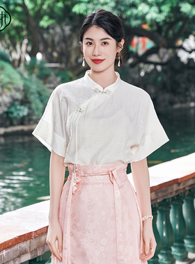 固执2025夏季新款中式斜襟立领盘扣短袖提花小衫80142SY09261
