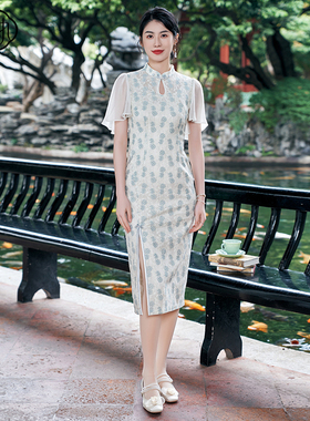 固执夏季新款中式立领盘扣短袖蕾丝修身改良旗袍80142QP09027