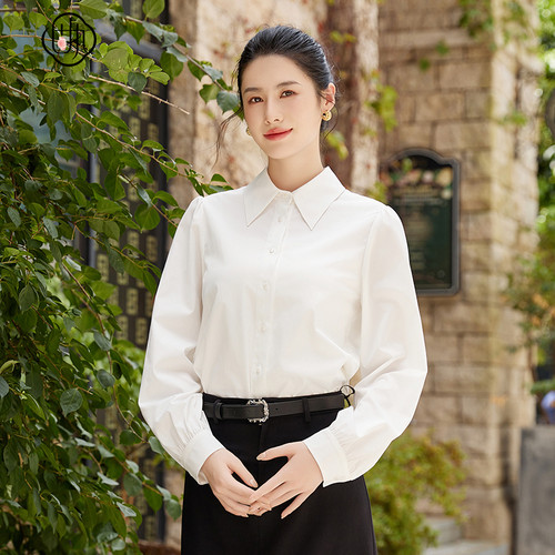 复古休闲百搭气质翻领  纯色长袖衬衫女上衣