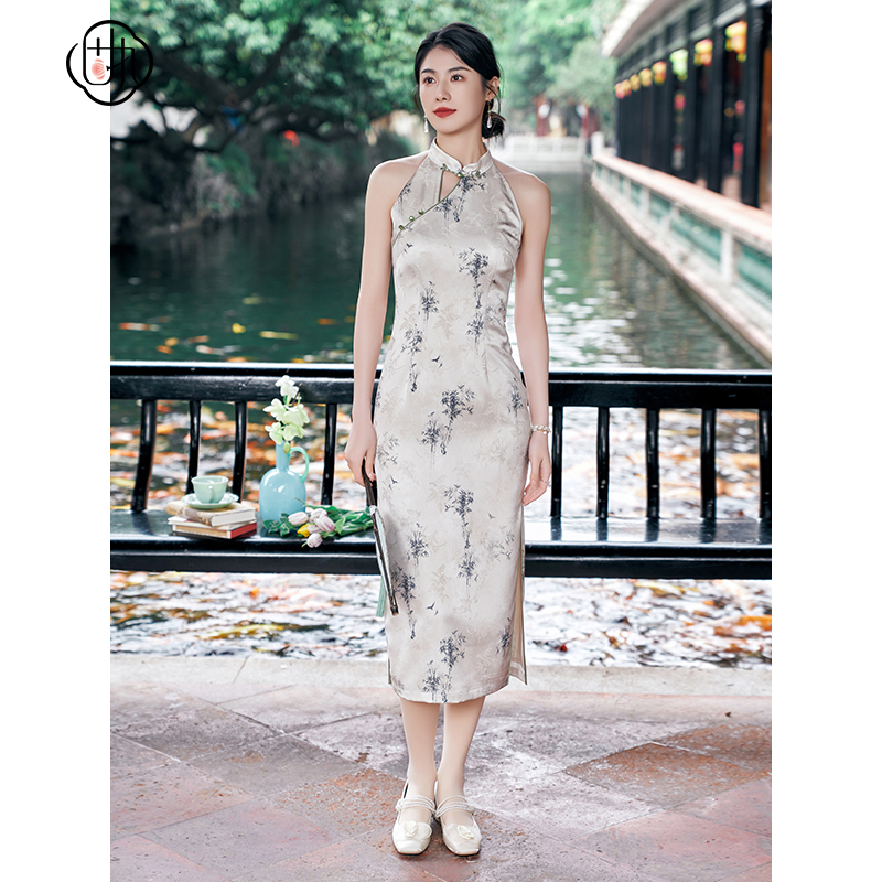 中国风立领无袖旗袍   印花中长气质连衣裙