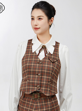 固执春季新款学院百搭V领格子外搭无袖短款马夹24941MJ08934