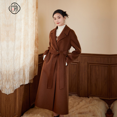 固执冬季新款复古翻领绑带双面毛呢大衣中长外套97234MT08666