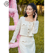 蕾丝衫 固执秋季 上衣10833SY08335 小香风方领长袖 短款 新款 法式