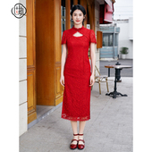 中长款 固执夏季 气质短袖 中式 蕾丝旗袍连衣裙20042QP09344 新款