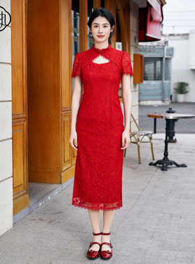 固执夏季新款中式气质短袖中长款蕾丝旗袍连衣裙20042QP09344