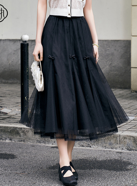 固执夏季新款法式蝴蝶结网纱中长款半身裙00042BQ09203