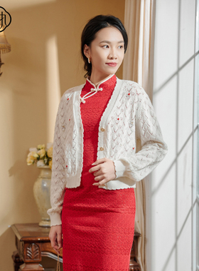 固执春季新款复古提花v领毛衣针织开衫短外套女80131MY07956