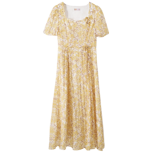 固执夏季新款方领泡泡袖印花高腰短袖长款连衣裙50032LQ08180