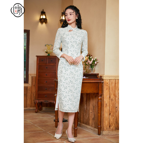 中式改良中长款旗袍 气质长袖蕾丝连衣裙