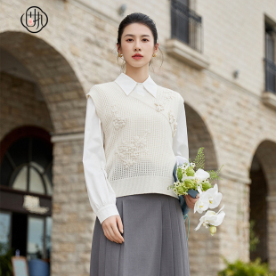盘扣v领提花镂空无袖 中式 外搭套头针织毛衣背心 新款 固执秋季