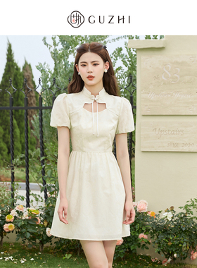 固执夏季新款新中式镂空泡泡袖小个子短袖连衣裙80132LQ07983