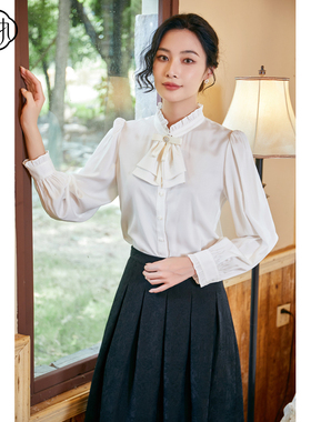 固执秋季新款学院风蝴蝶结立领荷叶边长袖衬衫10833CS08322