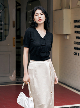 固执夏季新款新中式v领流苏泡泡短袖修身针织衫00042MY09315