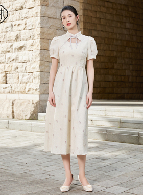 固执秋季新款中式立领镂空提花泡泡袖短袖连衣裙80133LQ08360