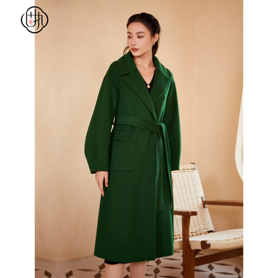 固执冬季新款复古大翻领绑带双面呢大衣厚外套40034MT08667