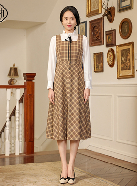 固执春季新款复古学院无袖格子方领中长连衣裙90231LQ07887