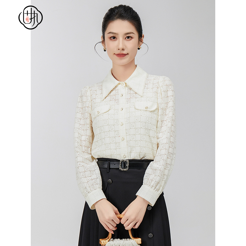 固执春季新款学院风气质翻领泡泡袖长袖蕾丝衬衫10841CS08799