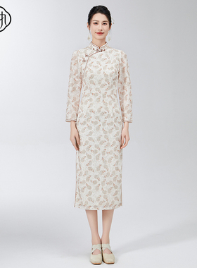 固执《蝶恋花》春季新款中式长袖蕾丝改良旗袍80141QP08953