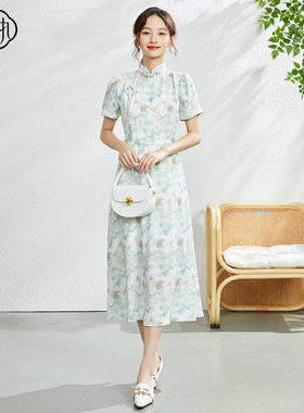 固执夏季新款新中式立领泡泡袖印花短袖连衣裙42632LQ08178