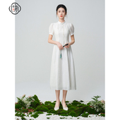 固执夏季 a字白色中长连衣裙 立领盘扣刺绣泡泡短袖 新款 新中式