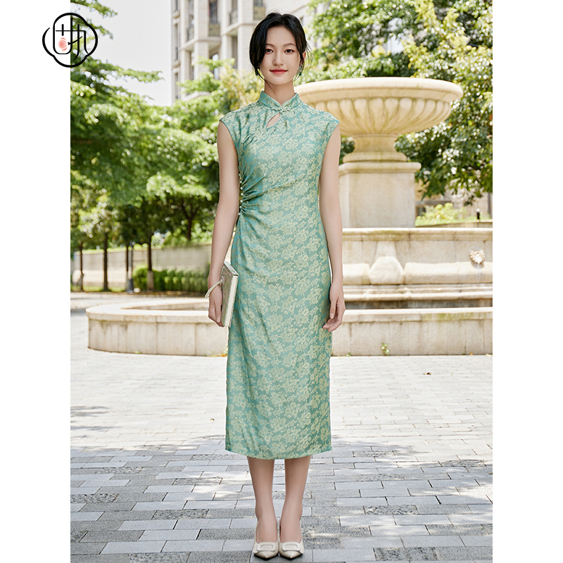 固执中国风旗袍提花开叉连衣裙