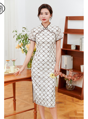 固执夏季新款中式立领撞边格子蕾丝短袖旗袍裙96432QP07888