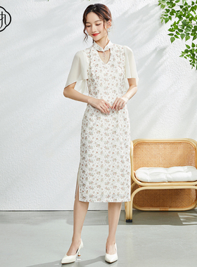 固执夏季新款国风立领镂空碎花蕾丝短袖旗袍裙80132QP08041