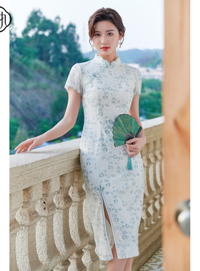 固执夏季新款中国风立领蕾丝短袖修身改良旗袍裙42632QP07996