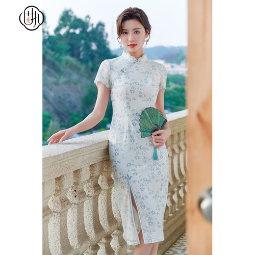 中国风改良中长款旗袍  蕾丝短袖碎花连衣裙