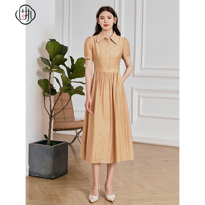 学院风刺绣气质翻领  收腰短袖中长款连衣裙