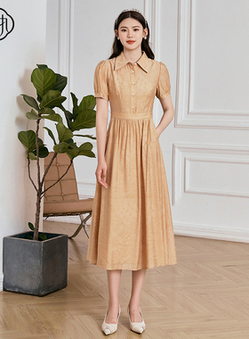 固执夏季新款学院风翻领短烫金泡泡袖短袖连衣裙92132LQ08192