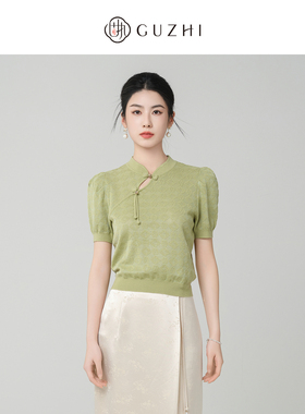 固执夏季新款中式立领提花泡泡袖修身短袖针织衫40042MY09190