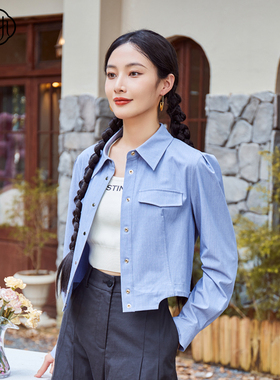 固执秋季新款学院风翻领长袖抽绳小个子短款衬衫32833CS08570