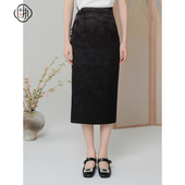 固执春季 半身裙00041BQ08873 提花钉珠开衩中长款 新款 中式