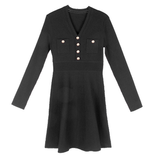 固执秋季新款气质v领长袖修身小个子针织连衣裙00033LQ08626