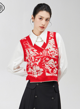 固执春季新款复古v领背心提花短款针织毛衣马夹20041MY08922