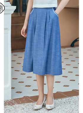 固执夏季新款复古学院风刺绣拼接口袋中长半身裙32232BQ08168