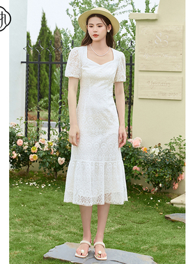 固执年夏季新款法式气质方领短袖蕾丝鱼尾连衣裙10832LQ07995