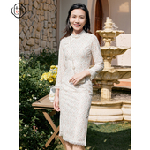 中国风蕾丝格子长袖 固执春季 新款 旗袍中长连衣裙80531QP07926