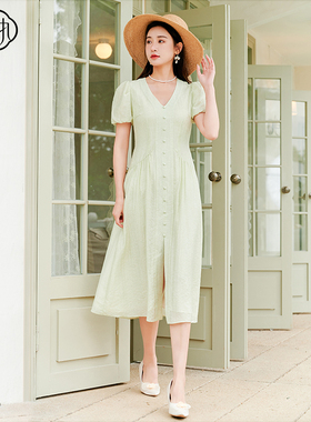 固执夏季新款法式v领泡泡袖短袖排扣中长连衣裙42632LQ07994