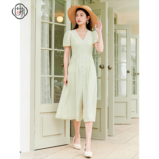 固执夏季新款法式v领泡泡袖短袖排扣中长连衣裙42632LQ07994