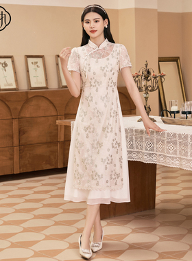 固执夏季新款中国风刺绣蕾丝改良旗袍套装连衣裙12332QP08155