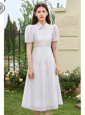 固执夏季新款中式立领盘扣泡泡袖高腰短袖连衣裙71432LQ08171