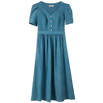 固执夏季新款复古气质v领泡泡袖收腰短袖连衣裙32232LQ08175