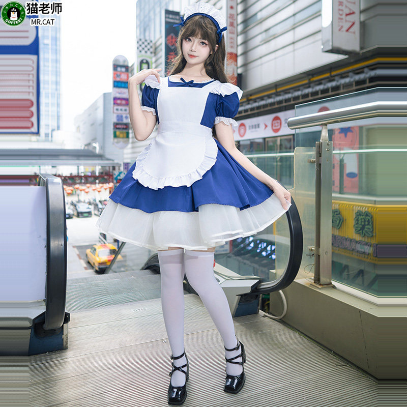 猫老师洛丽塔连衣裙cosplay蓝色女仆装正统女佣服咖啡厅酒吧制服