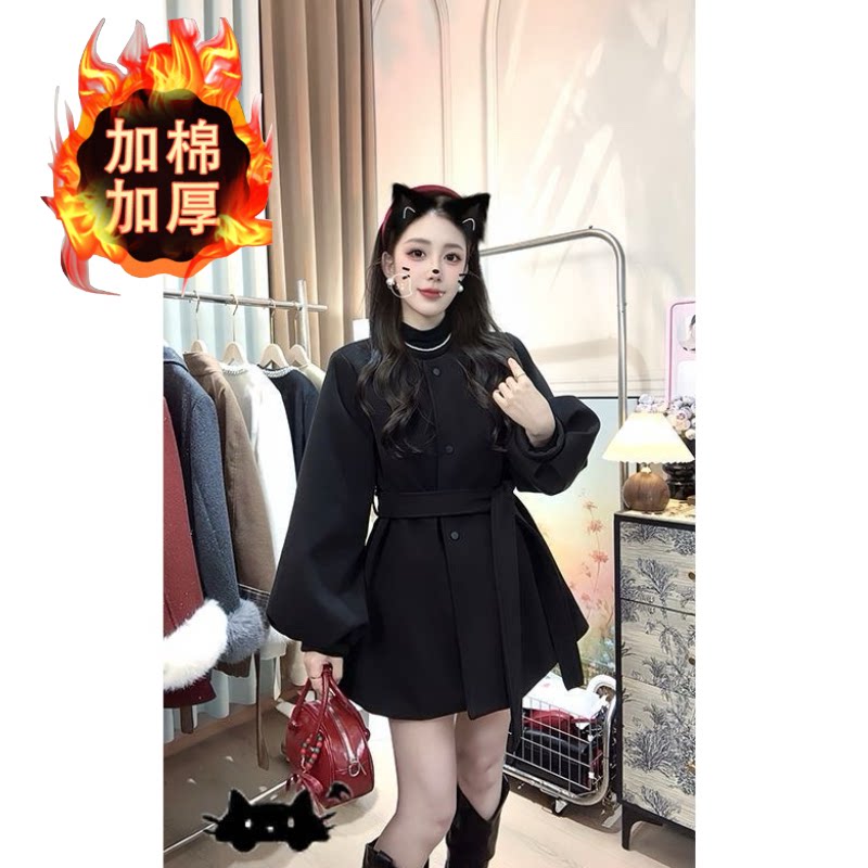 呢子大衣女秋冬加棉加厚小个子百搭灯笼袖大码宽松系带毛呢外套女