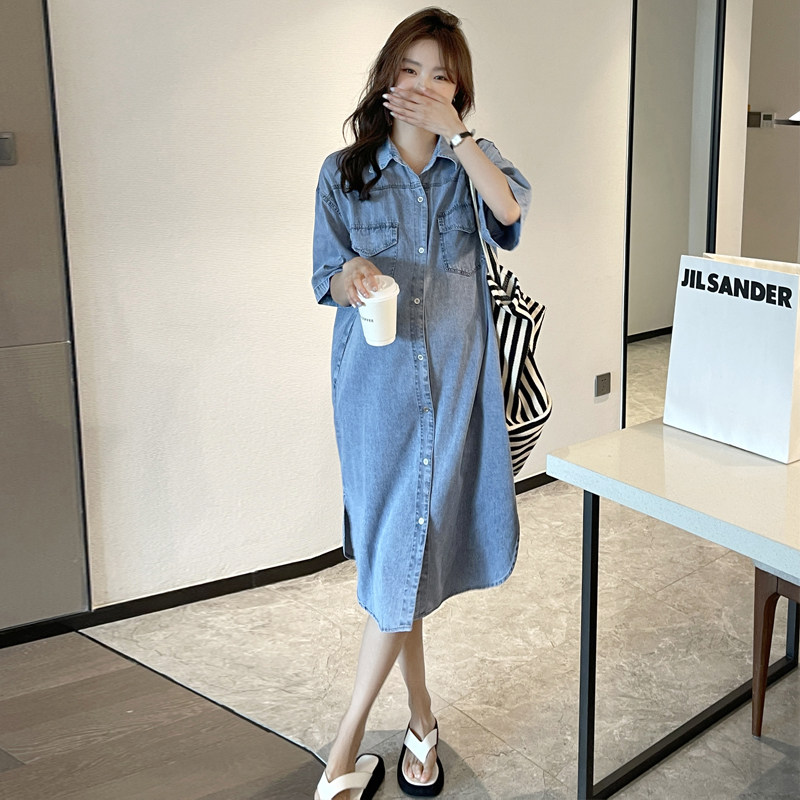 임산부 여름 반팔 데님 셔츠 드레스 무릎 높이의 긴 트렌디한 엄마의 패셔너블한 캐주얼 얇은 드레스 중간 길이의 여름 드레스
